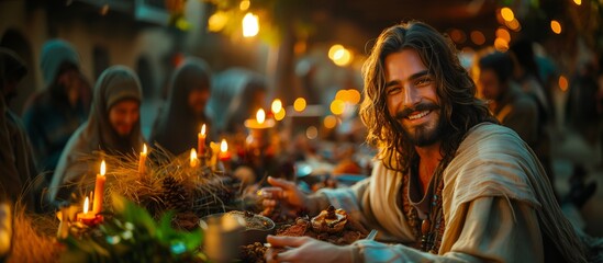 Jesus Christ celebrates Christmas at a large outdoor banquet - obrazy, fototapety, plakaty
