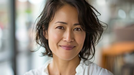 Radiant Mixed-Race Woman Smiling and Gazing at Camera