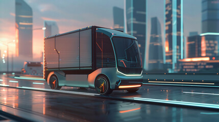 futuristic electric delivery minivan truck driving in city highway with full self driving system network infrastructure wide banner with copy space