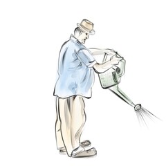 Colored hand-drawn sketch of a man in a hat holding a watering can