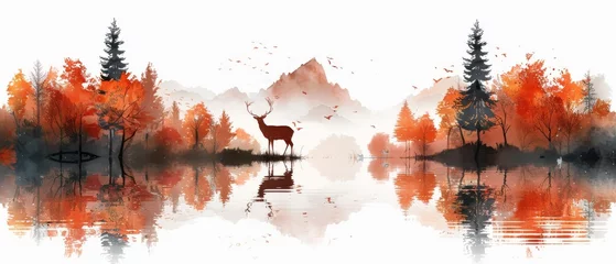 Fototapeten Nordic art picture of deer in autumn landscape, Scandinavian poster for wallpaper, print, and interior design © DZMITRY