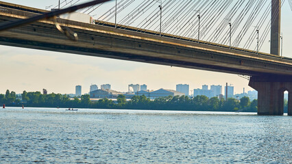 Large subway metro cable bridge. Dnieper river on a hot sunny day