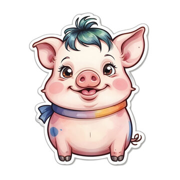 Cute little pig cartoon sticker. No background.