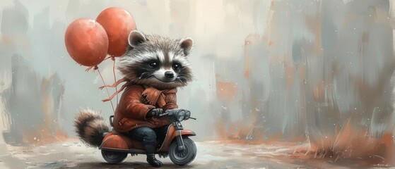 Raccoon drawing with balloons, raccoon driving scooter, watercolor illustration, good for cards and prints