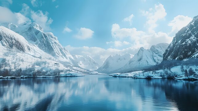 Lake in the snowy mountains. Winter landscape concept. Beautiful nature background. Banner, wallpaper