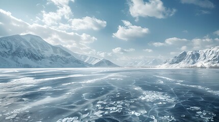 Frozen lake Baikal with mountains in the background. Blue ice and cracks. Winter landscape concept. Cold natural background. Wallpaper, banner