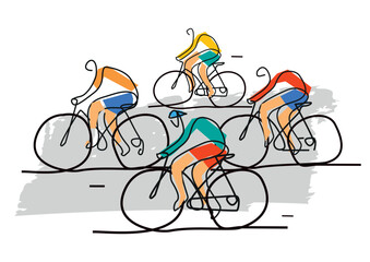 Cycling race, line art stylized.
 Illustration of group of cyclists on a road. Continuous Line Drawing. Vector available.	