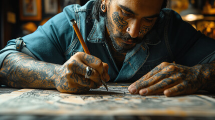 Custom Tattoo Design: A client sits down with the tattoo artist to collaborate on a custom tattoo design, sharing their ideas, inspirations, and personal stories as the artist sket