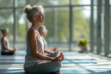 Senior white hair woman sitting in meditation pose.