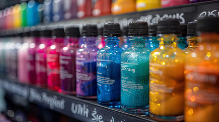 Vibrant Ink Selection: Shelves stocked with an extensive array of vibrant tattoo inks in every hue of the rainbow offer clients endless possibilities for color palettes and shading - obrazy, fototapety, plakaty