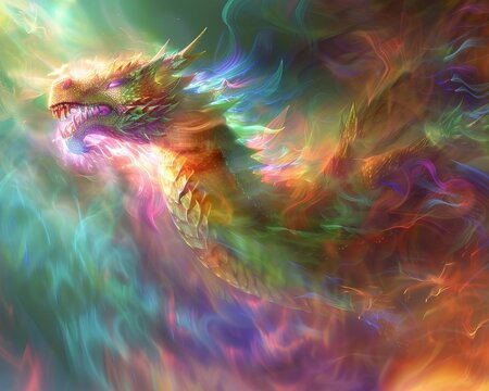 A vibrant illustration of a majestic cosmic dragon surrounded by swirling rainbow fire, smoke, and light. A mythical creature of power and magic in a fantastical setting.