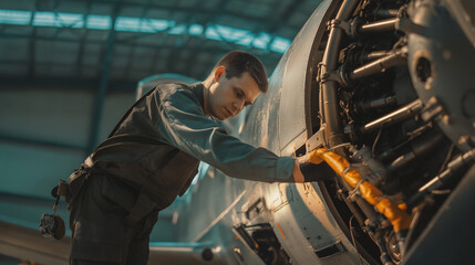 A focused aircraft mechanic inspects airplane, Aircraft Mechanic at Work, avia mechanic