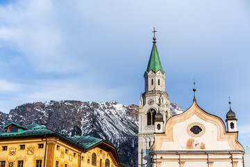 View of the Basilica and bell tower of Cortina d'Ampezzo