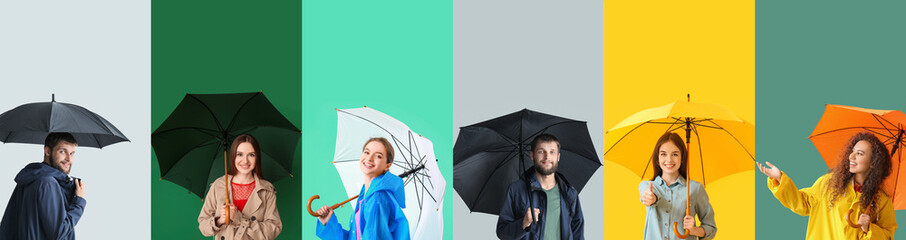 Set of many people with umbrellas on color background