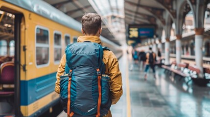 Young traveler man with backpack in train station. Single backpacker traveler man waits train on railway platform - obrazy, fototapety, plakaty