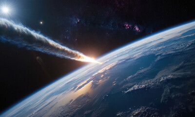 Meteorite asteroid on the planet Earth orbit