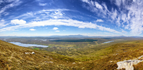 Panorama des vallées et des lochs au sommet du Ben Loyal en randonnée en Ecosse au printemps