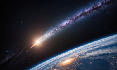 Meteorite asteroid on the planet Earth orbit