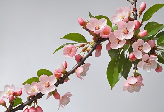 Branch of cherry tree with pink flower in bright colours 