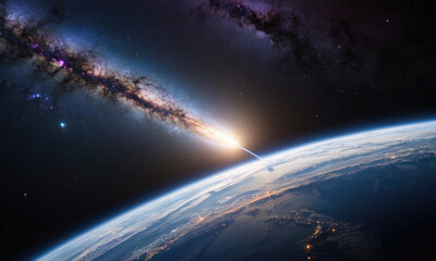 Meteorite asteroid on the planet Earth orbit