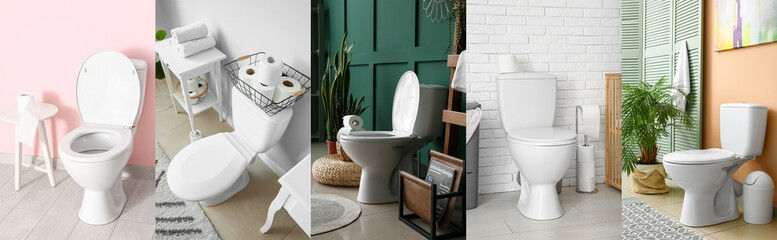 Set of modern interiors of restroom with ceramic toilet bowls