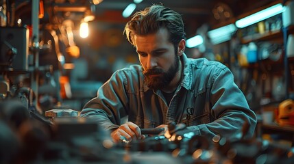 Focused Mechanic in Dim Lit Workshop. Concept Automotive repairs, Technical skills, Problem solving, Work environment, Skillful hands - obrazy, fototapety, plakaty