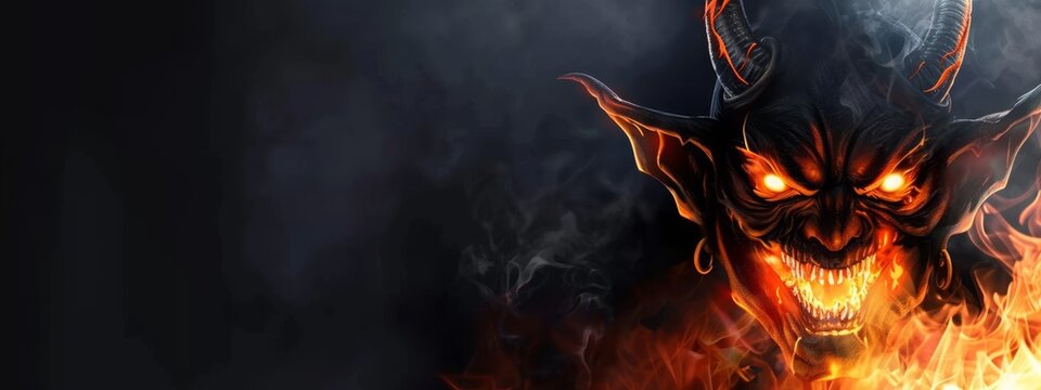 Scary devil head with eyes glowing in hellfire