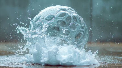 Hyperrealistic bubble exploding in a splash of water against a moody background - obrazy, fototapety, plakaty