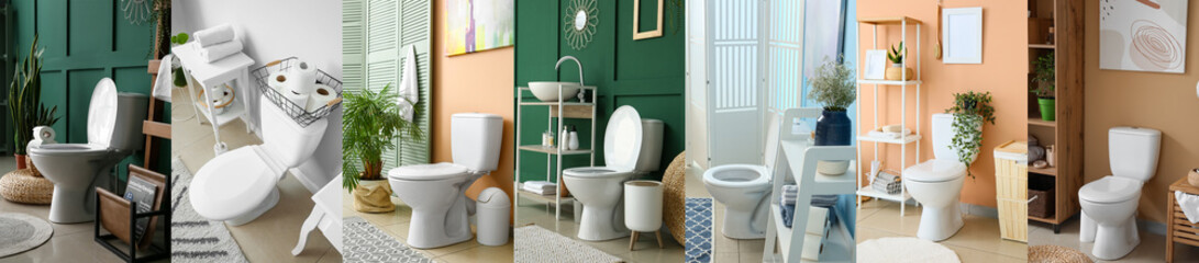 Fototapeta na wymiar Collage of modern interiors of restroom with ceramic toilet bowls
