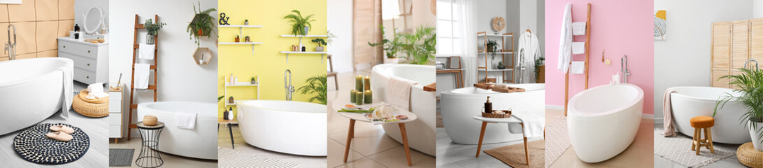 Collection of interiors of bathrooms with ceramic bathtub