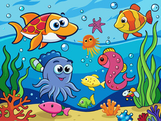 Fototapeta na wymiar A colorful underwater world with playful sea creatures Illustration