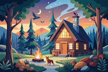 Cabin in the woods with a crackling fire and woodland creatures Illustration - obrazy, fototapety, plakaty