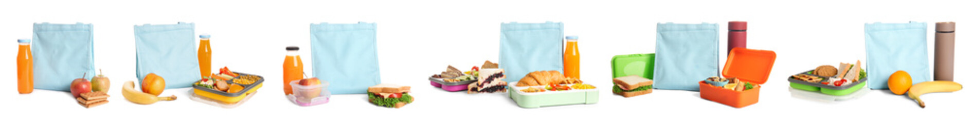 Set of lunch boxes and thermo bags with food isolated on white