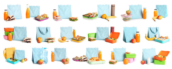 Set of lunch boxes and thermo bags with food isolated on white