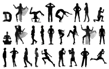 Collage of silhouettes of different people on white background