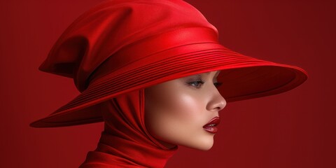 Crimson Elegance: A Woman Adorns a Scarlet Hat and Dress