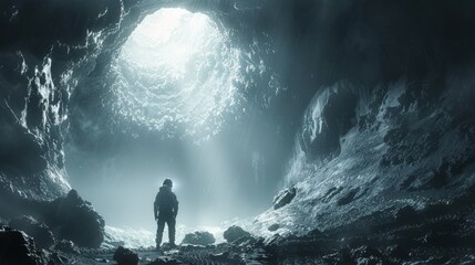 Lone miner stands at the entrance of a vast cave illuminated by natural light - obrazy, fototapety, plakaty