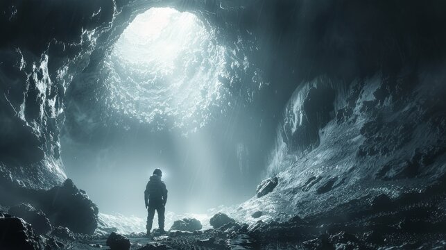 Lone miner stands at the entrance of a vast cave illuminated by natural light