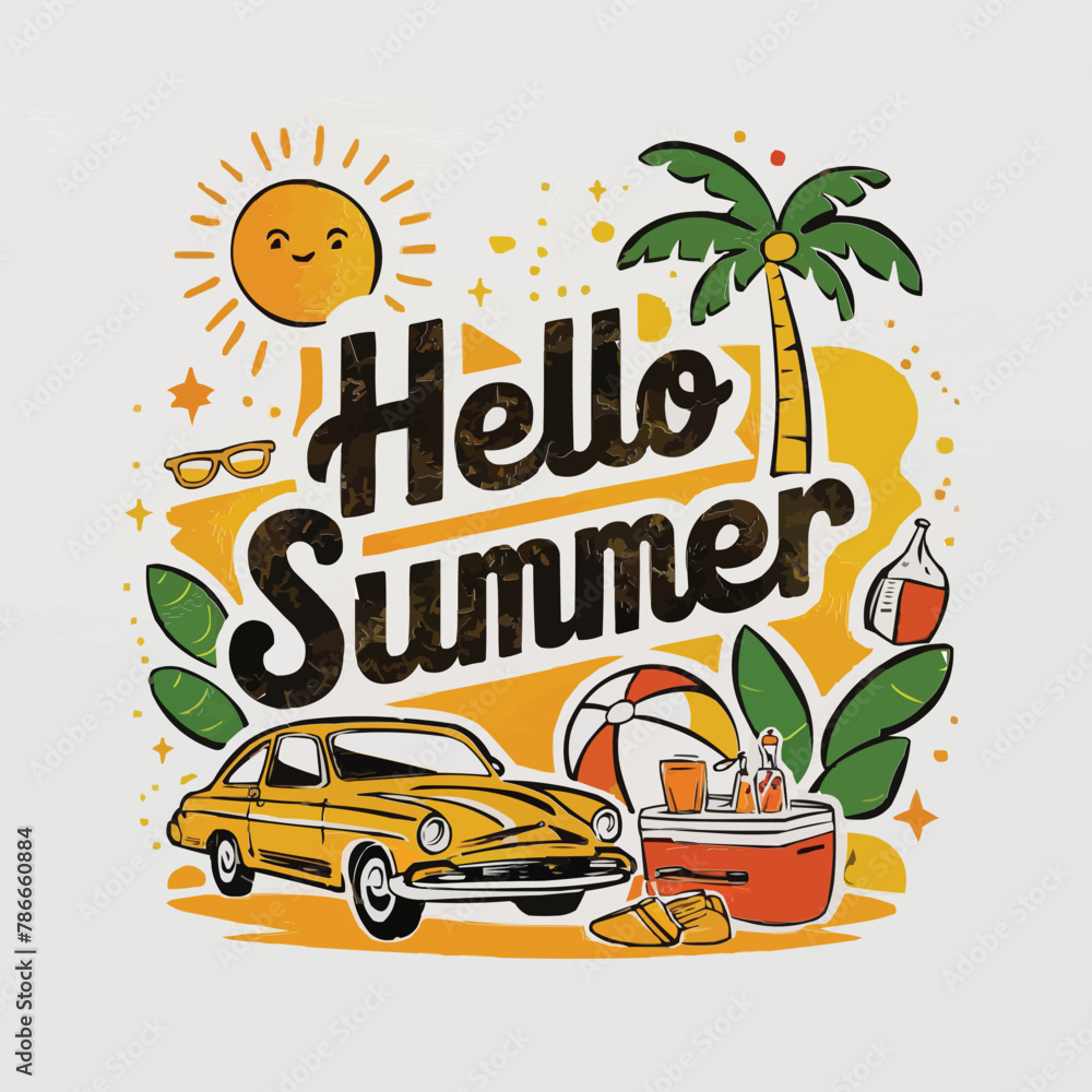 Fototapete hello summer colorful vector art illustration with different customized vector illustration art
