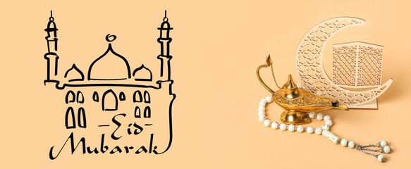 Aladdin lamp of wishes, prayer beads and decorative crescent for Ramadan on beige background