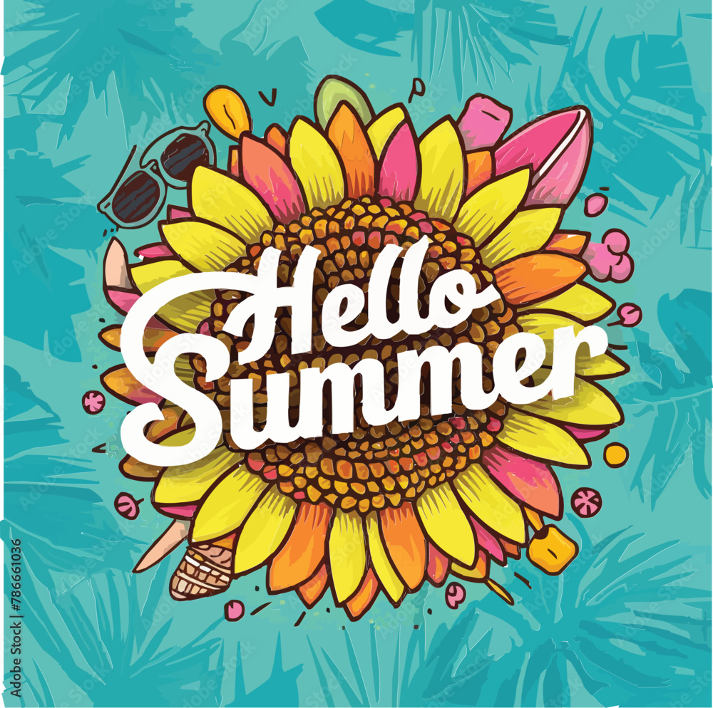 Fototapete hello summer colorful vector art illustration with different customized vector illustration art