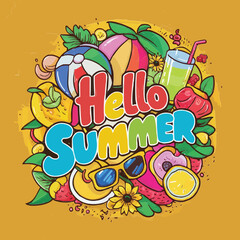 Hello summer colorful vector art illustration with different customized vector illustration art