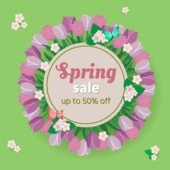 Spring sale banner with tulips, apple blossoms and butterflies.Flowers frame.Vector illustration on green background.For advertising, card,flyer,social media.