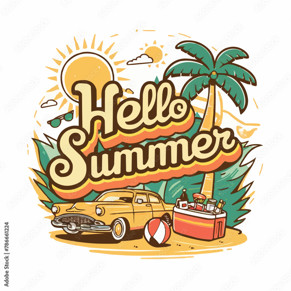 Fototapete hello summer colorful vector art illustration with different customized vector illustration art