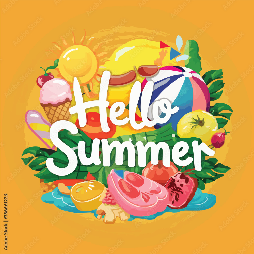 Fototapete hello summer colorful vector art illustration with different customized vector illustration art