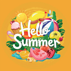 Hello summer colorful vector art illustration with different customized vector illustration art
