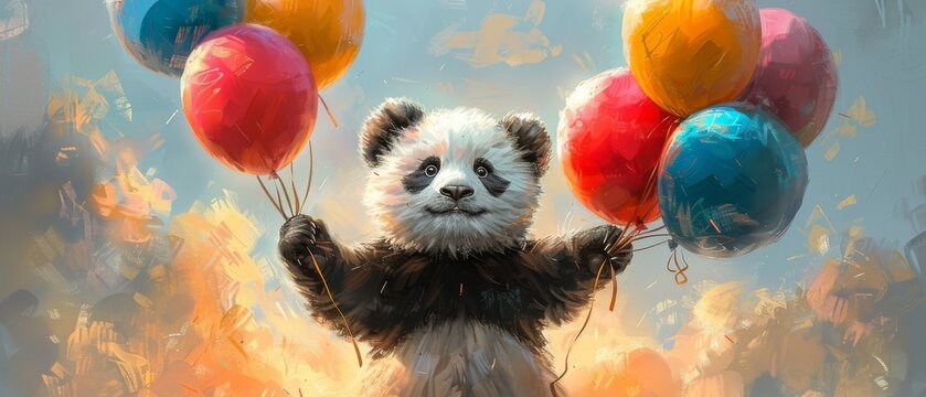 A cute panda with balloons, a cartoon picture of a character, a birthday card, a holiday design, and a t-shirt design