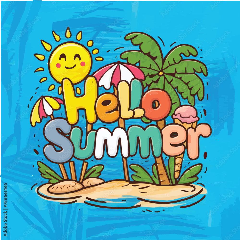 Fototapete hello summer colorful vector art illustration with different customized vector illustration art