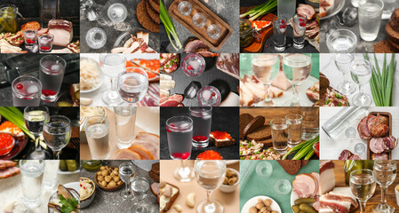 Collage of cold vodka and tasty snacks on table