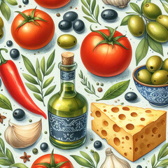 Seamless pattern with vegetables, cheese, olives and oil. - 786661446